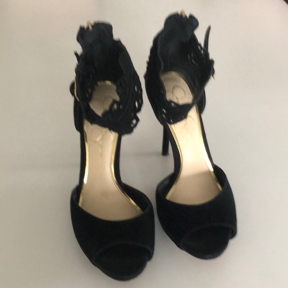 Jessica Simpson black suede peak-a-boo toe flower anklet zip back 4” stilettos.